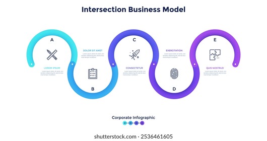 Curved flowchart divided into five colorful parts. Concept of 5 stages of project development process. Corporate infographic design template. Flat vector illustration for business presentation.