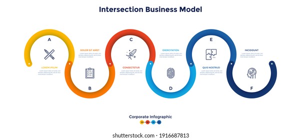 Curved flowchart divided into six colorful parts. Concept of 6 stages of project development process. Corporate infographic design template. Flat vector illustration for business presentation.