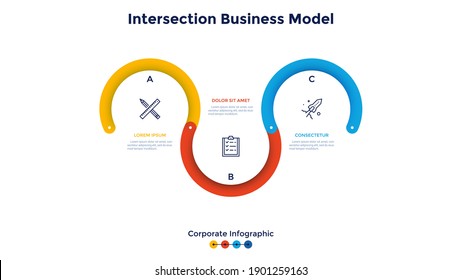 Curved flowchart divided into three colorful parts. Concept of 3 stages of project development process. Corporate infographic design template. Flat vector illustration for business presentation.