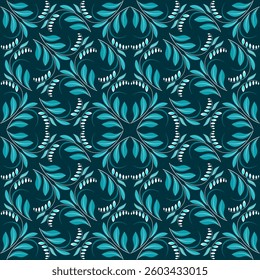 Curved flowers seamless pattern in modern style. Bright shades of sea blue colors ornament. Square monochrome floral kaleidoscope design. Dark vector mosaic tile background