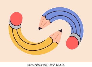 Curved funky pencils. Cartoon twisted pencils, funny intertwined simple pencil, cute school supplies isolated flat vector illustration. Twisted pencils on white