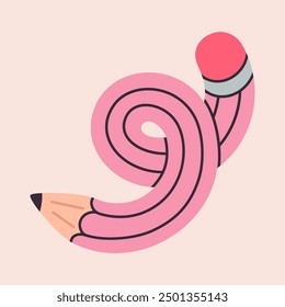 Curved funny pencil. Hand drawn twisted simple pencil, cute school supply isolated flat vector illustration. Cartoon funky twisted pencil