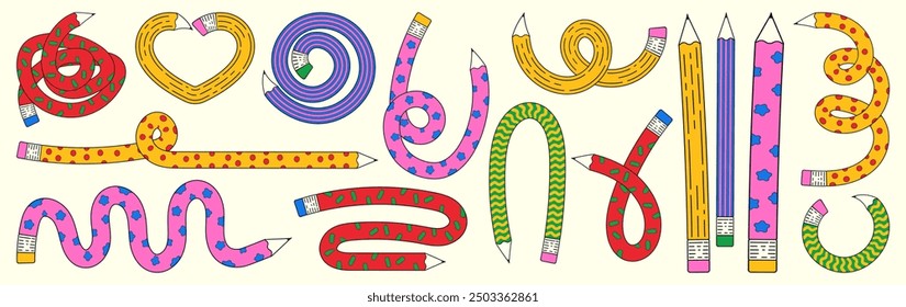 Curved funny pencil set. Trendy twisted pencil, creative school supply. Flexible colorful pencils with different patterns in retro linear style.