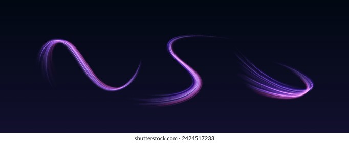 Conjunto de ilustración vectorial realista de líneas de luz brillantes curvadas. El movimiento brillante traza elementos 3d sobre fondo negro. Plantilla de diseño láser