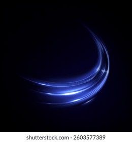 Curved glowing stripes of blue light with neon glitter on black background. Vector for dynamic graphics, fantastic energy effects, user interface design.