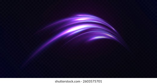 Curved glowing stripes of purple and blue light with neon glitter on black background. Vector for dynamic graphics, fantastic energy effects, user interface design.