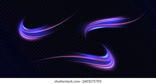 Curved glowing stripes of purple and blue light with neon glitter on black background. Vector for dynamic graphics, fantastic energy effects, user interface design.