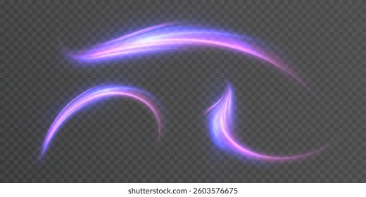 Curved glowing stripes of purple and blue light with neon shine on transparent background. Vector for dynamic graphics, fantastic energy effects, user interface design.