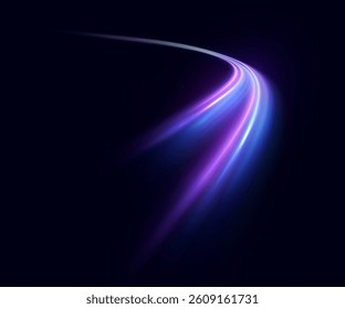 Curved glowing trail in purple and blue tones on dark background with smooth motion blur. Vector for sci-fi interfaces, speed effects, abstract design, digital art and futuristic visuals.