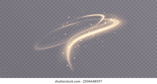 Curved golden lines light effect. Light bright Twirl. High-speed light energy effect for game characters action on transparent PNG background.