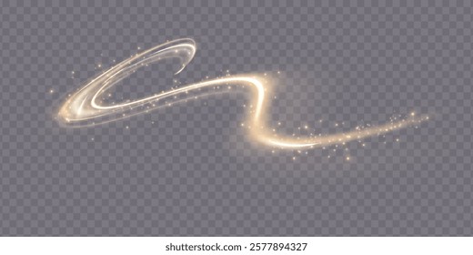 Curved golden lines light effect. Light bright Twirl. High-speed light energy effect for game characters action on transparent PNG background.