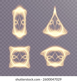 Curved golden lines light effect. Light bright Twirl. light energy effect for game characters on transparent background PNG.