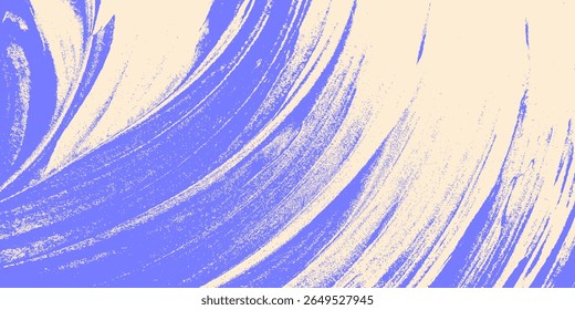 Curved grainy purple brush stroke with spray texture. Swirl or squiggle shaped bold brush stroke, thick wavy lines with rough grunge texture. Retro grainy background with scattered tiny dots and lines