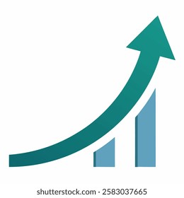 Curved graph with arrow moving up vector on white background.