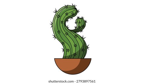 Curved green cactus with sharp needles and shading in a terracotta pot for desert nature and houseplant enthusiast decorations.