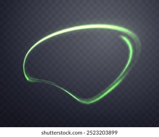Curved green glowing ring. Neon realistic energy flare circle. Abstract light effect on a dark transparent background. Vector illustration.