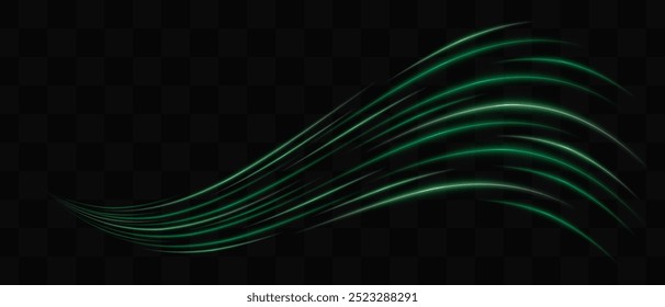 Efecto de luz de neón verde curvado aislado sobre fondo oscuro. Líneas fluidas, onduladas y brillantes con diseño abstracto. Parche gráfico de luz reflejada. Destello de lente. Ilustración vectorial.