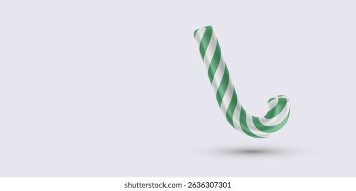 Curved Green And White Candy Cane With Spiral Stripes Floating On Soft Background, Ideal For Holiday, Celebration, Or Winter Themes. Bright And Minimal Vector Illustration