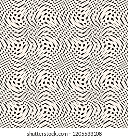 Curved grid seamless pattern. Vector black and white texture with wavy lines, squares, net, mesh, ripple surface. Dynamical 3D effect, illusion of movement. Abstract repeatable monochrome background