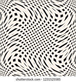 Curved grid seamless pattern. Vector black and white texture with wavy lines, squares, net, mesh, ripple surface. Dynamical 3D effect, illusion of movement. Abstract repeat monochrome background