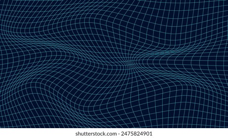 Curved grid texture or background. 3d distorted wave pattern with the optical illusion. Big data visualization. Vector illustrations.