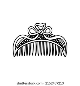 Curved hair comb. Vintage women's accessory. An object of femininity and hair ornament. Vector illustration hand drawn black on a white background.
