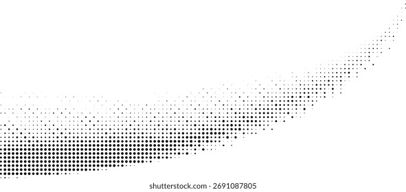 Onda punteada de semitono curvado, gradiente suave de blanco a negro que forma textura de arco abstracto, fondo de patrón geométrico mínimo moderno