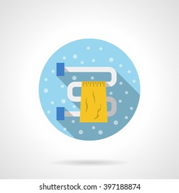 Curved heating pipe with hanging yellow towel. Bathroom dryer. Bubbles style. Flat color round vector icon. Element for web design, business, mobile app. 