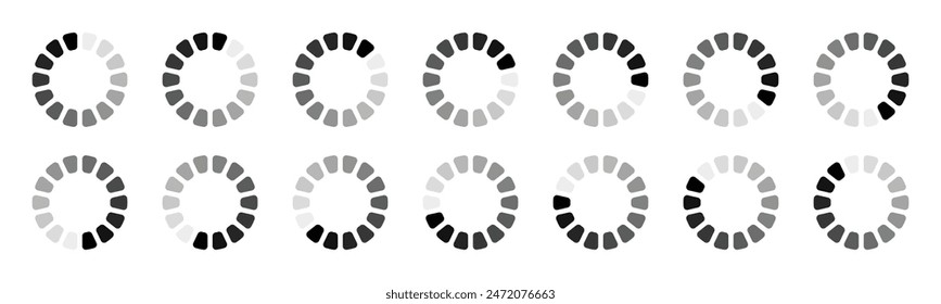 Curved hollow circle segmented into 14 parts buffering icon set. Set of hollow circles divided into fourteen shades of black colour loading, processing or buffering icon isolated on white background.