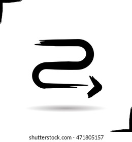 Curved ink arrow icon. Drop shadow brush stroke direction symbol. Vector isolated illustration