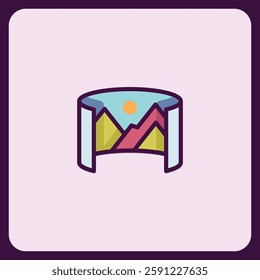 Curved Landscape Icon, Virtual Reality Mountain Scene