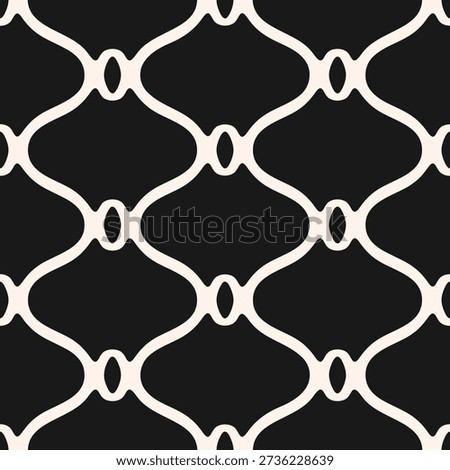 Curved lattice pattern. Elegant vector seamless texture with mesh, grid, net, smooth lines. Black and white ornament in oriental style. Simple monochrome geometric background. Repeated minimal design