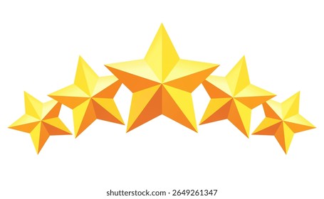Curved layout of five golden stars with large central star. Ideal for premium rating, achievement badge, winner emblem and high-quality visual content.