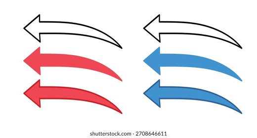 Gekrümmter linker Pfeil-Symbol-Vektorsatz. Dynamischer Sweep-Zeiger für den Entwurf der Schnittstelle "Zurück", "Zurück", "Rückgängig" und "Datenfluss".