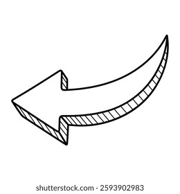 Curved left arrow vector illustration. Hand-drawn directional arrow in doodle style. Black line art isolated on white background.