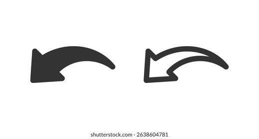 Curved left down arrow icon set. Suitable for navigation, user interface elements, and data flow indicators. Symbol of undo, previous, and diagonal direction.