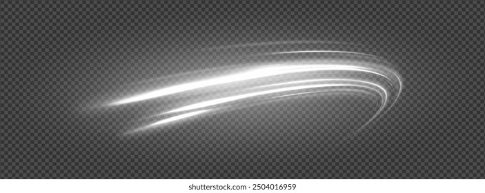 Curved light effect of white bright sparkling motion wave. Dynamic white spiral, vortex or blizzard. Sparkling light effect on transparent background.	