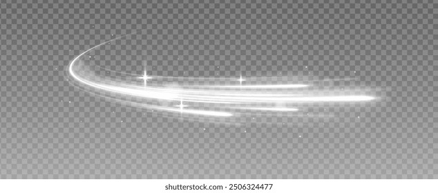 Curved light effect of white bright sparkling motion wave. Dynamic white spiral, vortex or blizzard. Sparkling light effect on transparent background.	