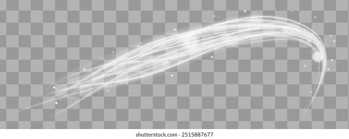 Curved light effect of white bright sparkling motion wave. Dynamic white spiral, vortex or blizzard. Sparkling light effect on transparent background.	