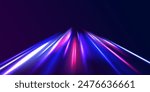 Curved light trail stretched upward. Fast speed car. Acceleration speed motion on night road. City light trails motion background. Illustration of high speed concept.	