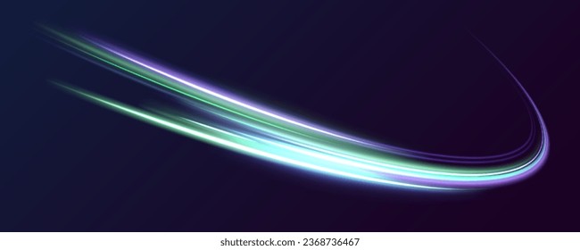 Curved light trail stretched upward. Fast speed car. Futuristic neon light line trails. Futuristic, technology pattern for banner or poster design background concept.	