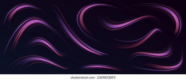 Curved light trail stretched upward. Fast speed car. Futuristic neon light line trails. Futuristic, technology pattern for banner or poster design background concept.	