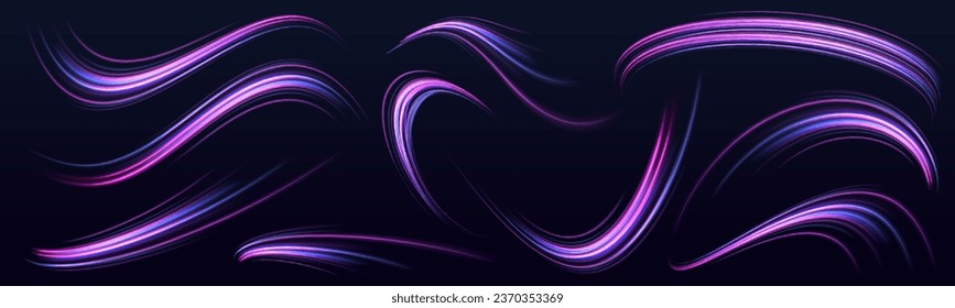 El rastro de luz curvada se estiró hacia arriba. Auto rápido. Senderos de la línea de luz de neón futurista. Futurista, patrón tecnológico para el concepto de fondo de diseño de pancartas o carteles.	