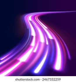 Rastro de luz curvado estirado hacia arriba. Coche rápido. Movimiento de velocidad de aceleración en carretera nocturna. La luz de la ciudad sigue el fondo de movimiento. Ilustración del concepto de alta velocidad.