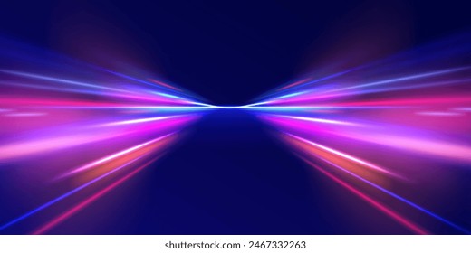 Curved light trail stretched upward. Fast speed car. Acceleration speed motion on night road. City light trails motion background. Illustration of high speed concept.