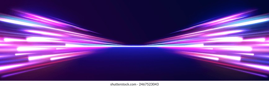 Rastro de luz curvado estirado hacia arriba. Coche rápido. Movimiento de velocidad de aceleración en carretera nocturna. La luz de la ciudad sigue el fondo de movimiento. Ilustración del concepto de alta velocidad.