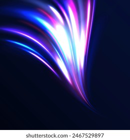 Curved light trail stretched upward. Fast speed car. Acceleration speed motion on night road. City light trails motion background. Illustration of high speed concept.	