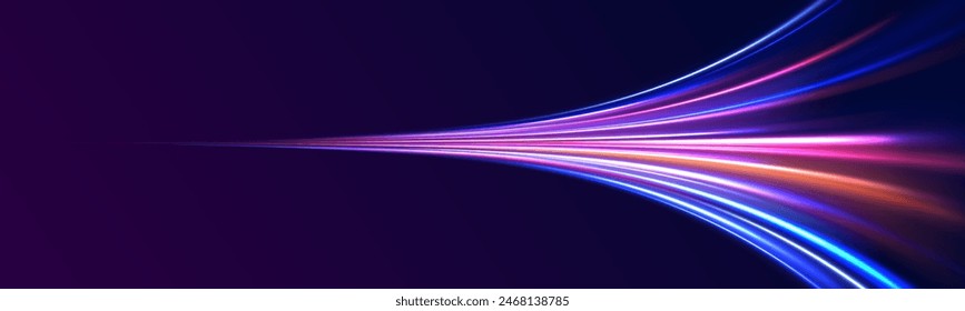 Curved light trail stretched upward. Fast speed car. Acceleration speed motion on night road. City light trails motion background. Illustration of high speed concept.	