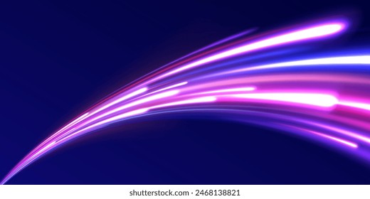 Curved light trail stretched upward. Fast speed car. Acceleration speed motion on night road. City light trails motion background. Illustration of high speed concept.