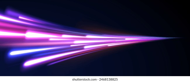 Curved light trail stretched upward. Fast speed car. Acceleration speed motion on night road. City light trails motion background. Illustration of high speed concept.